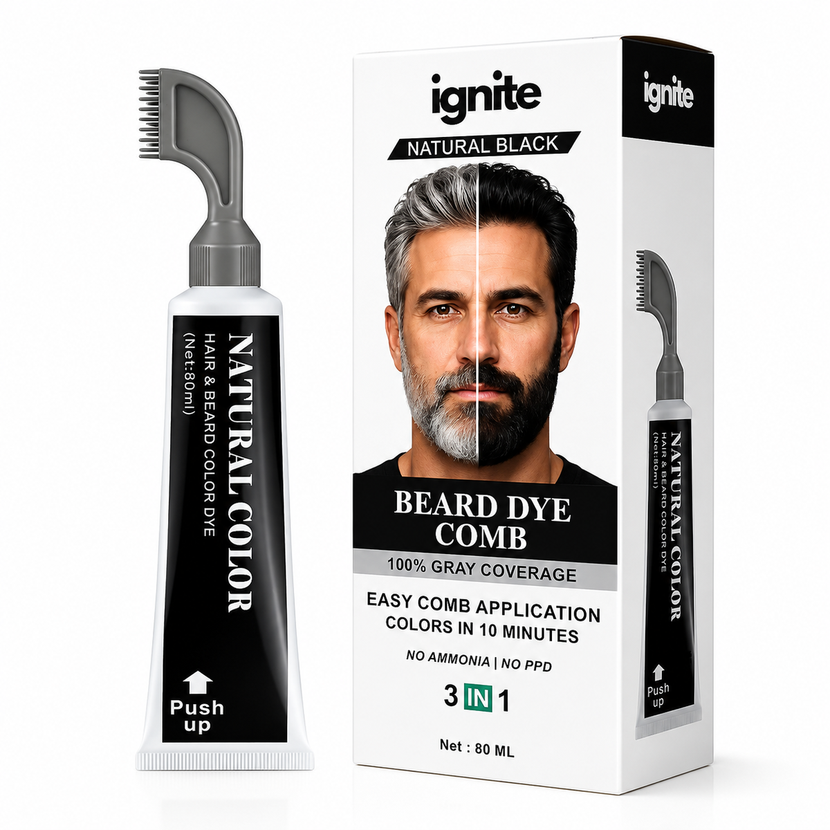 Beard Dye Comb for Men, Natural Black Beard Color Applicator, Reusable Comb