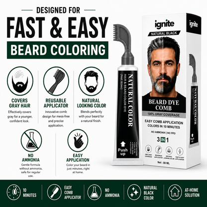 Beard Dye Comb for Men, Natural Black Beard Color Applicator, Reusable Comb