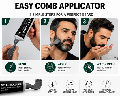 Beard Dye Comb for Men, Natural Black Beard Color Applicator, Reusable Comb