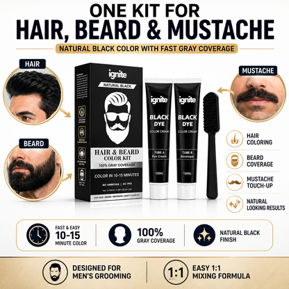 Ignite Hair & Beard Dye Cream for Men – Natural Black, 100% Gray Coverage