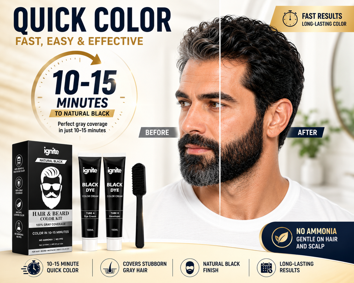 Ignite Hair & Beard Dye Cream for Men – Natural Black, 100% Gray Coverage