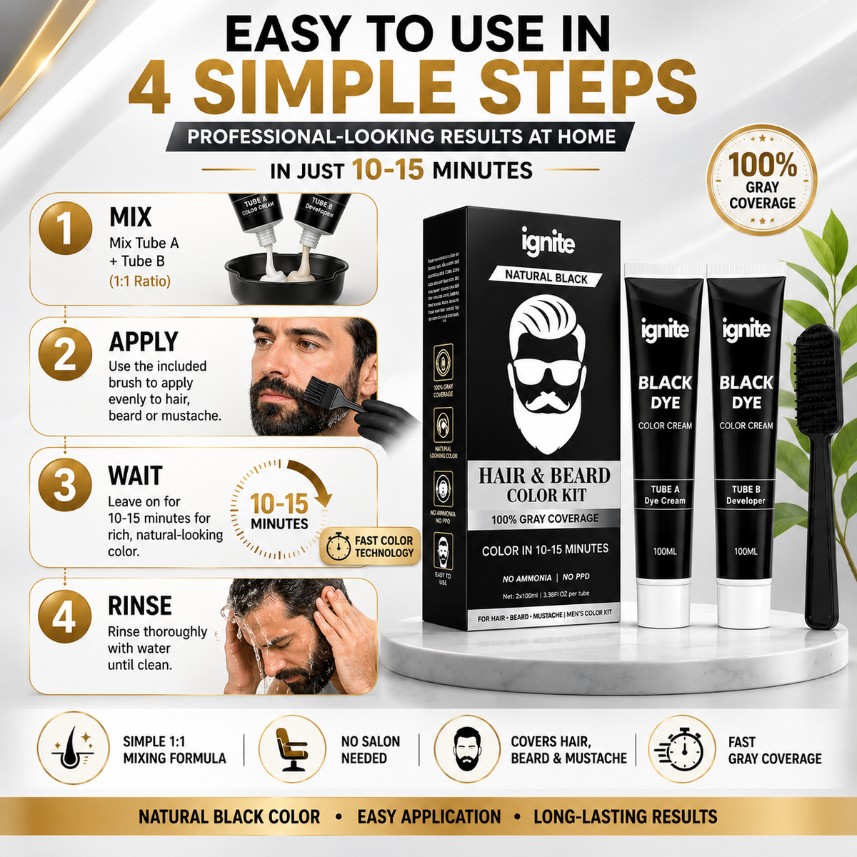 Ignite Hair & Beard Dye Cream for Men – Natural Black, 100% Gray Coverage