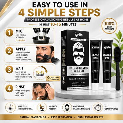 Ignite Hair & Beard Dye Cream for Men – Natural Black, 100% Gray Coverage