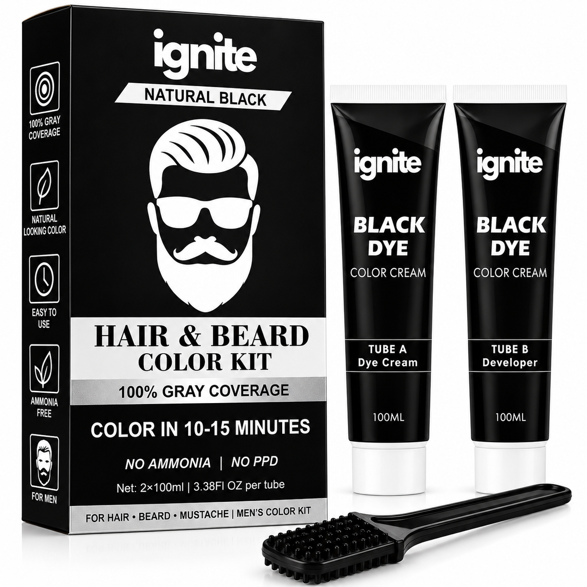 Ignite Hair & Beard Dye Cream for Men – Natural Black, 100% Gray Coverage