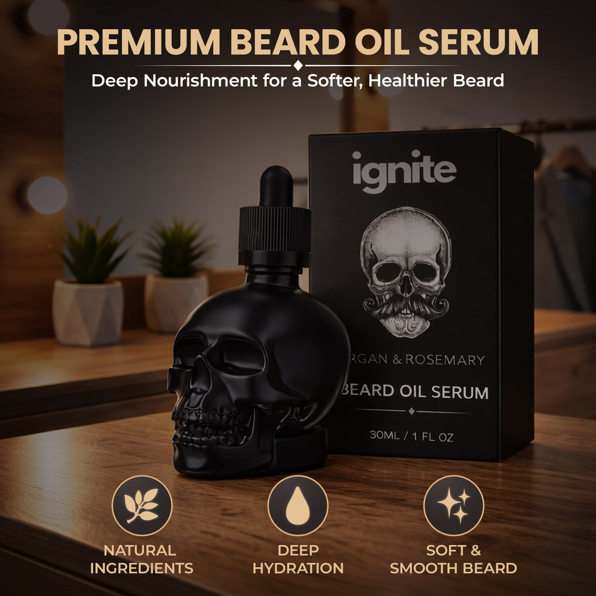 IGNITE Beard Oil Serum for Men – Argan & Rosemary, Non-Greasy, 1 fl oz